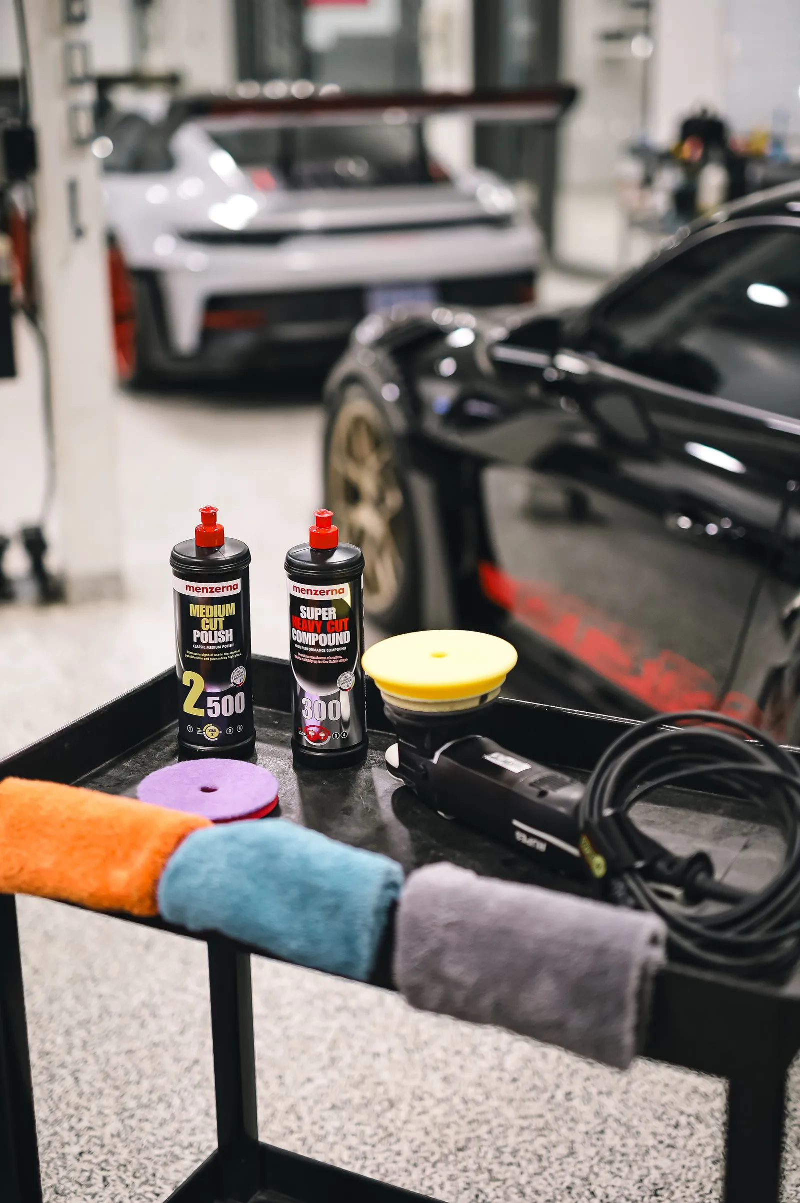 Compounds and polishes laid out before a job